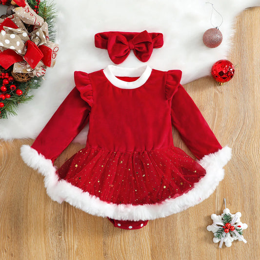 Baby Girl Christmas Romper with Sequin Skirt & Headband